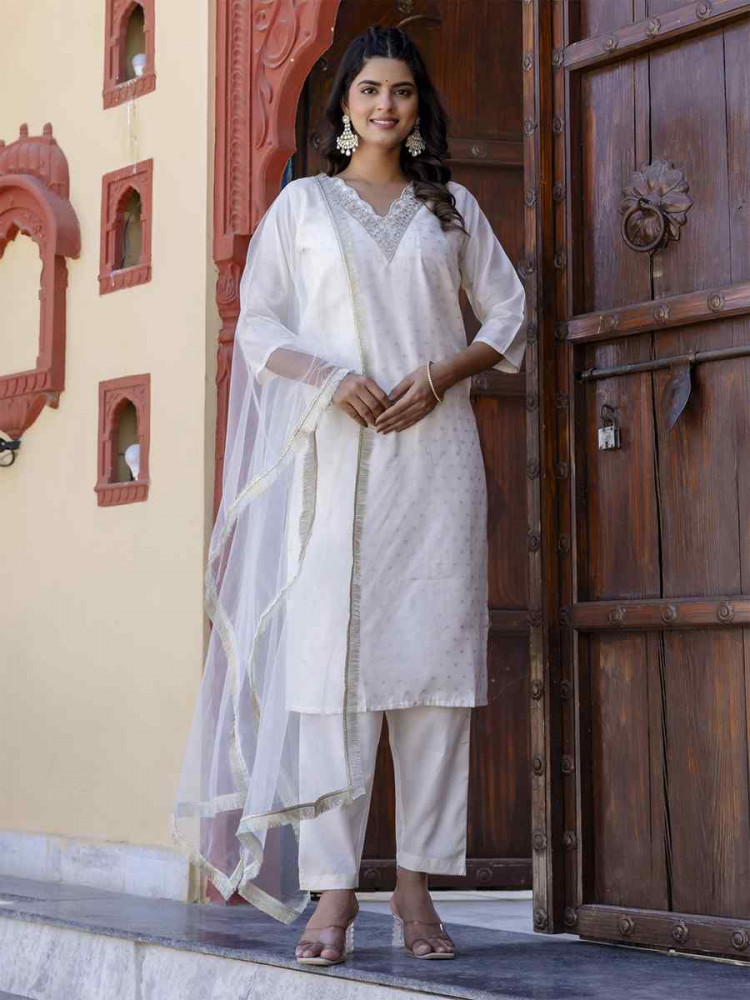 Image of White Chanderi Silk Embroidery Party Wedding Festival Casual Ready Pant Salwar Kameez