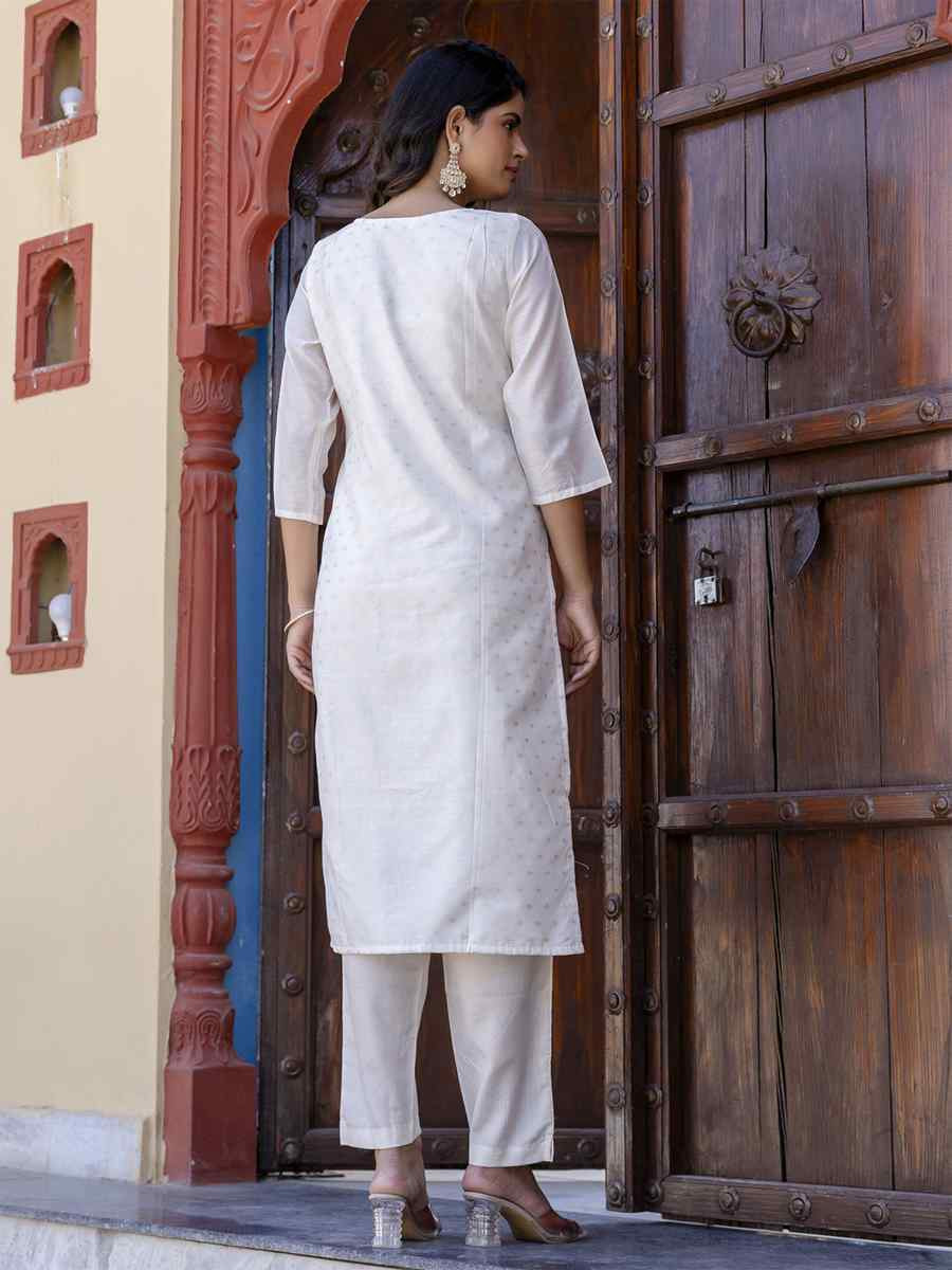 White Chanderi Silk Embroidery Party Wedding Festival Casual Ready Pant Salwar Kameez