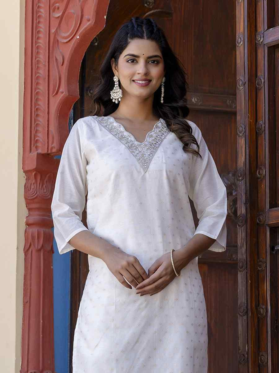 White Chanderi Silk Embroidery Party Wedding Festival Casual Ready Pant Salwar Kameez
