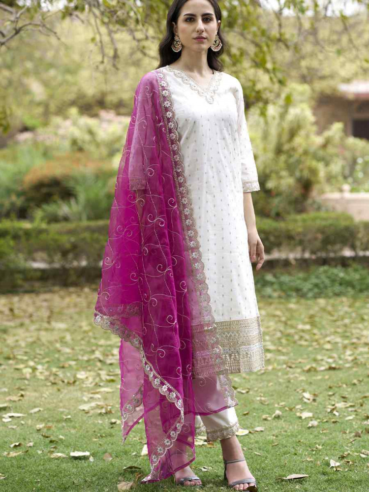 Image of White Chanderi Silk Embroidery Party Wedding Festival Casual Ready Pant Salwar Kameez