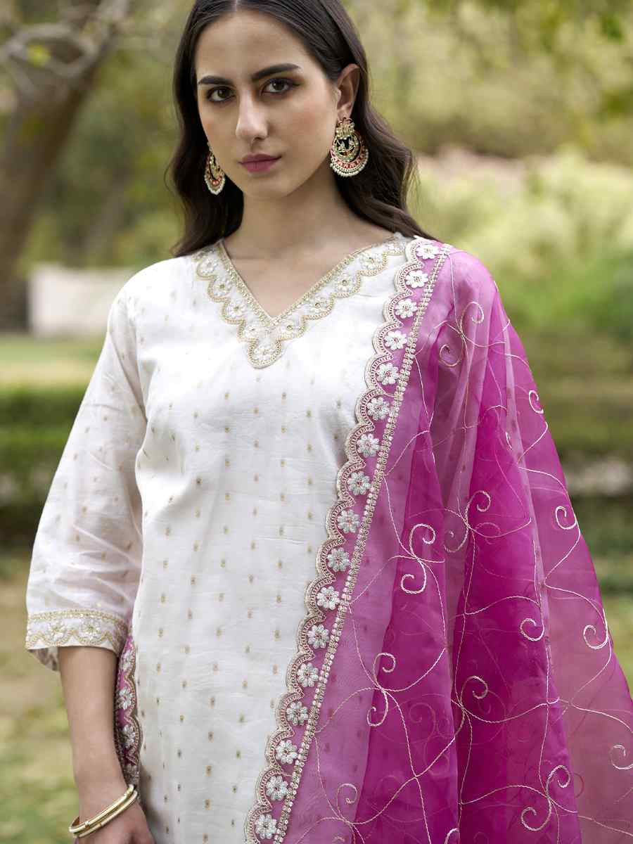 White Chanderi Silk Embroidery Party Wedding Festival Casual Ready Pant Salwar Kameez