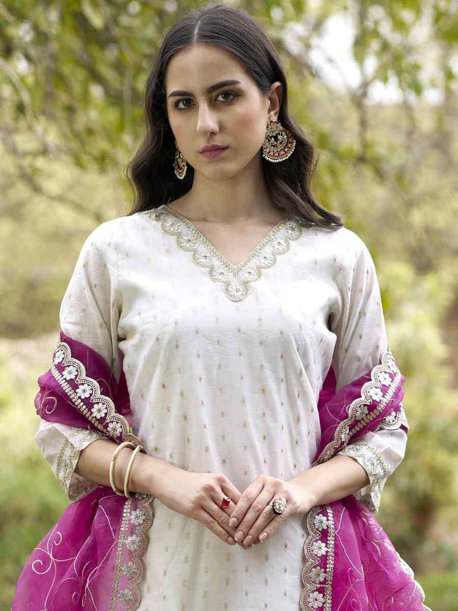 White Chanderi Silk Embroidery Party Wedding Festival Casual Ready Pant Salwar Kameez