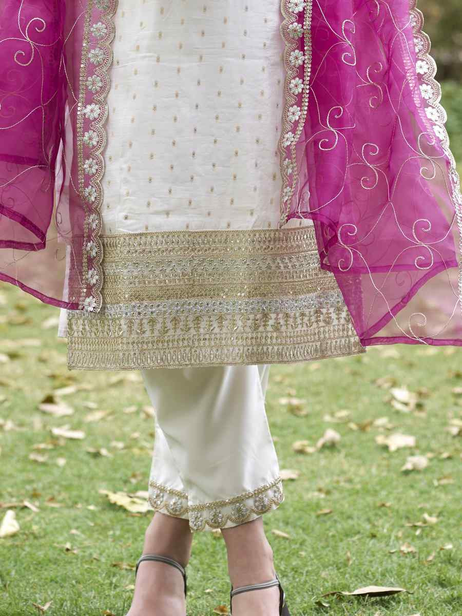 White Chanderi Silk Embroidery Party Wedding Festival Casual Ready Pant Salwar Kameez