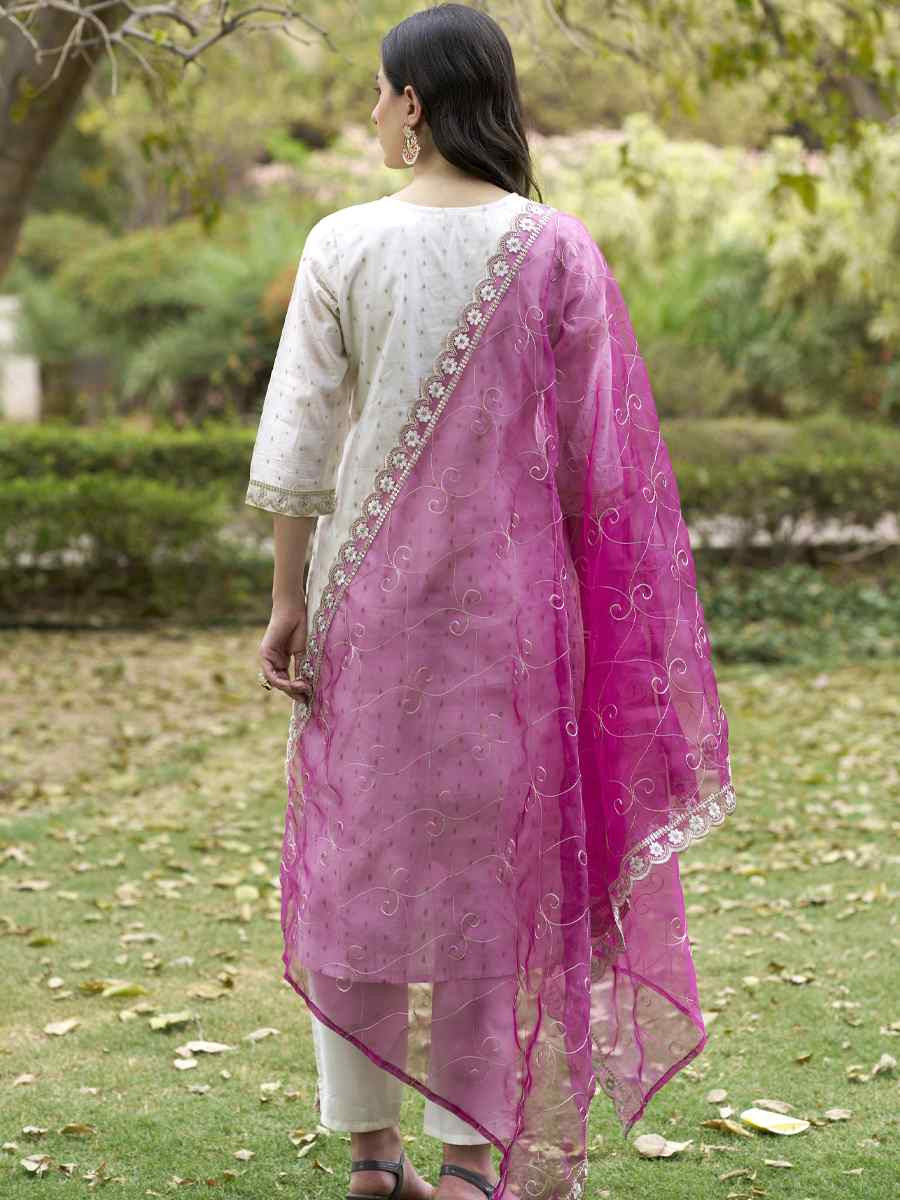 White Chanderi Silk Embroidery Party Wedding Festival Casual Ready Pant Salwar Kameez