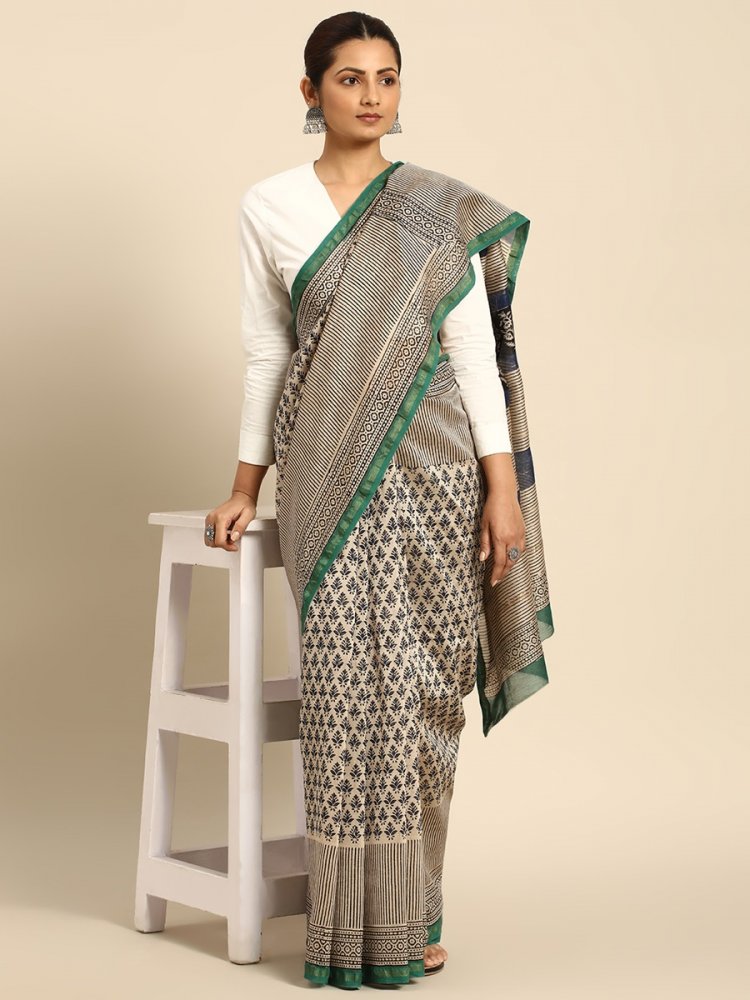 White Chanderi Silk Printed Festival Casual Contemporary Sarees