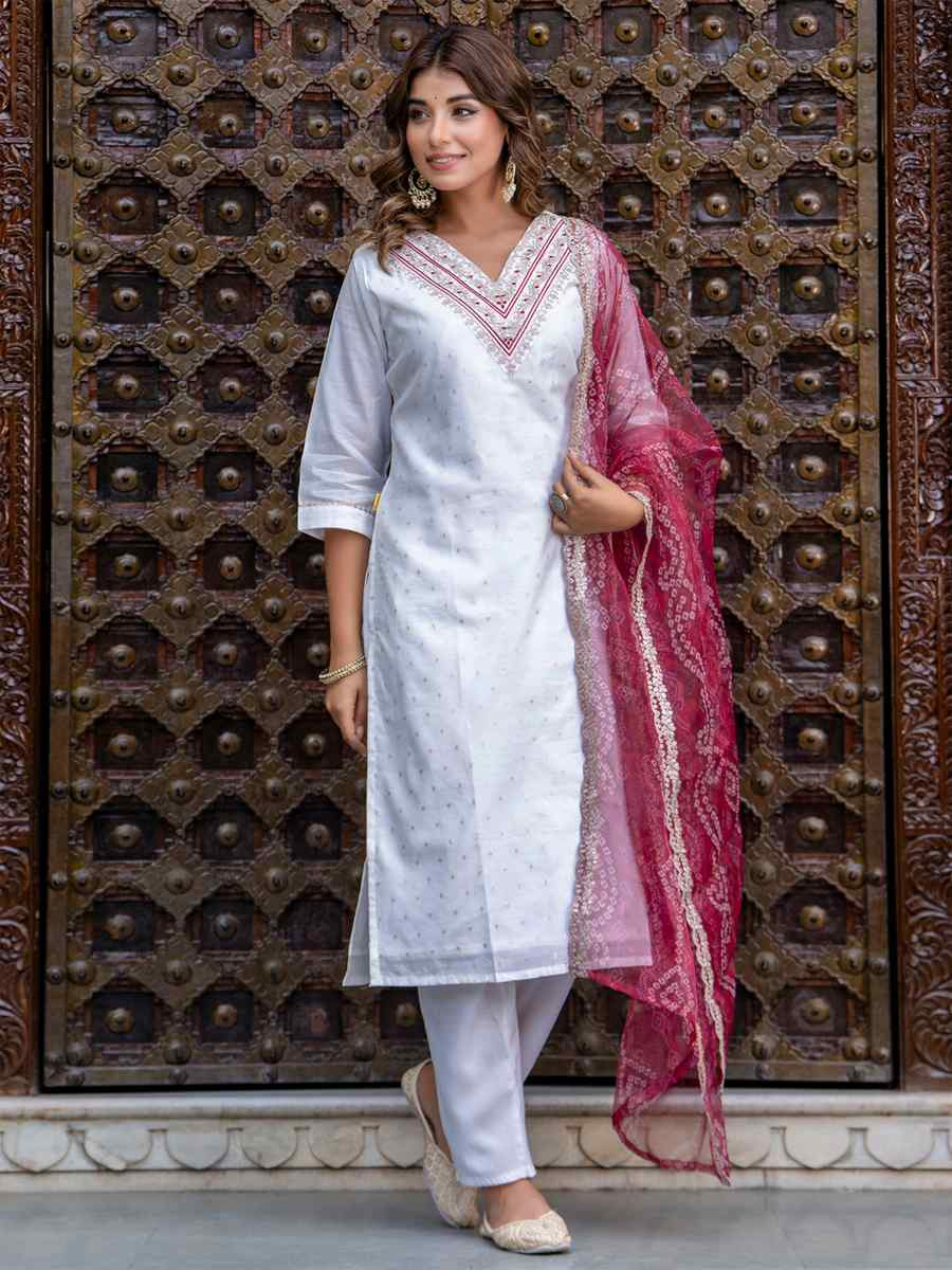 White Chanderi SilkEmbroidered Festival Casual Ready Pant Salwar Kameez