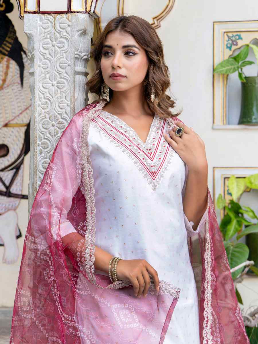 White Chanderi SilkEmbroidered Festival Casual Ready Pant Salwar Kameez