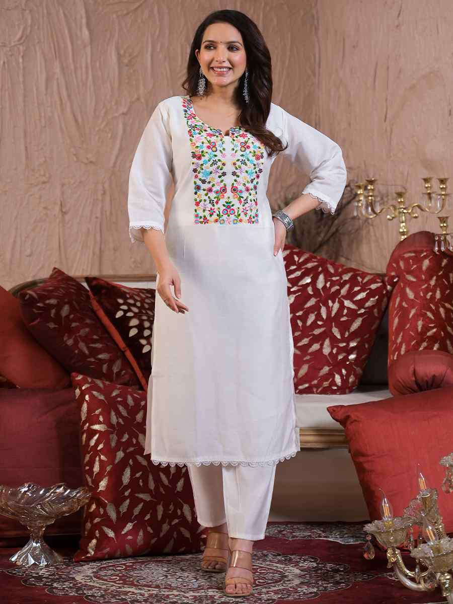 White Chanderi With Cotton Lining Embroidered Festival Casual Ready Pant Salwar Kameez