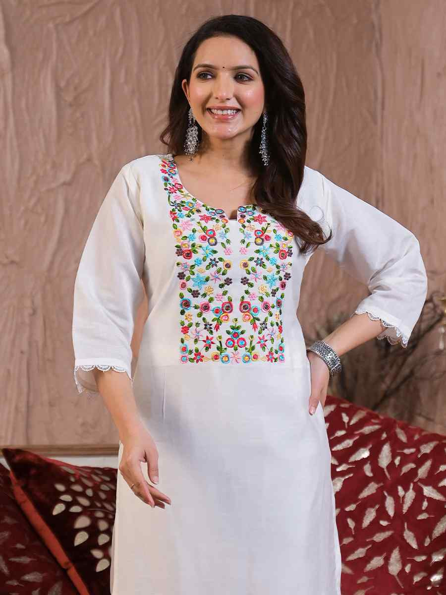 White Chanderi With Cotton Lining Embroidered Festival Casual Ready Pant Salwar Kameez