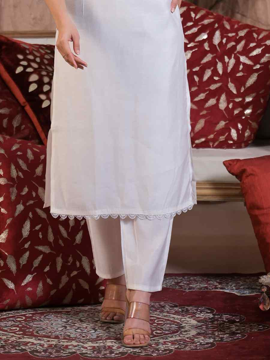 White Chanderi With Cotton Lining Embroidered Festival Casual Ready Pant Salwar Kameez