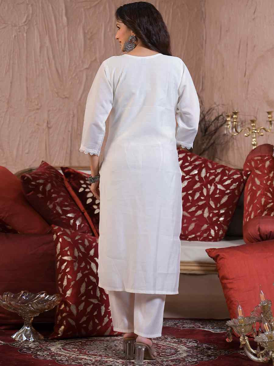 White Chanderi With Cotton Lining Embroidered Festival Casual Ready Pant Salwar Kameez