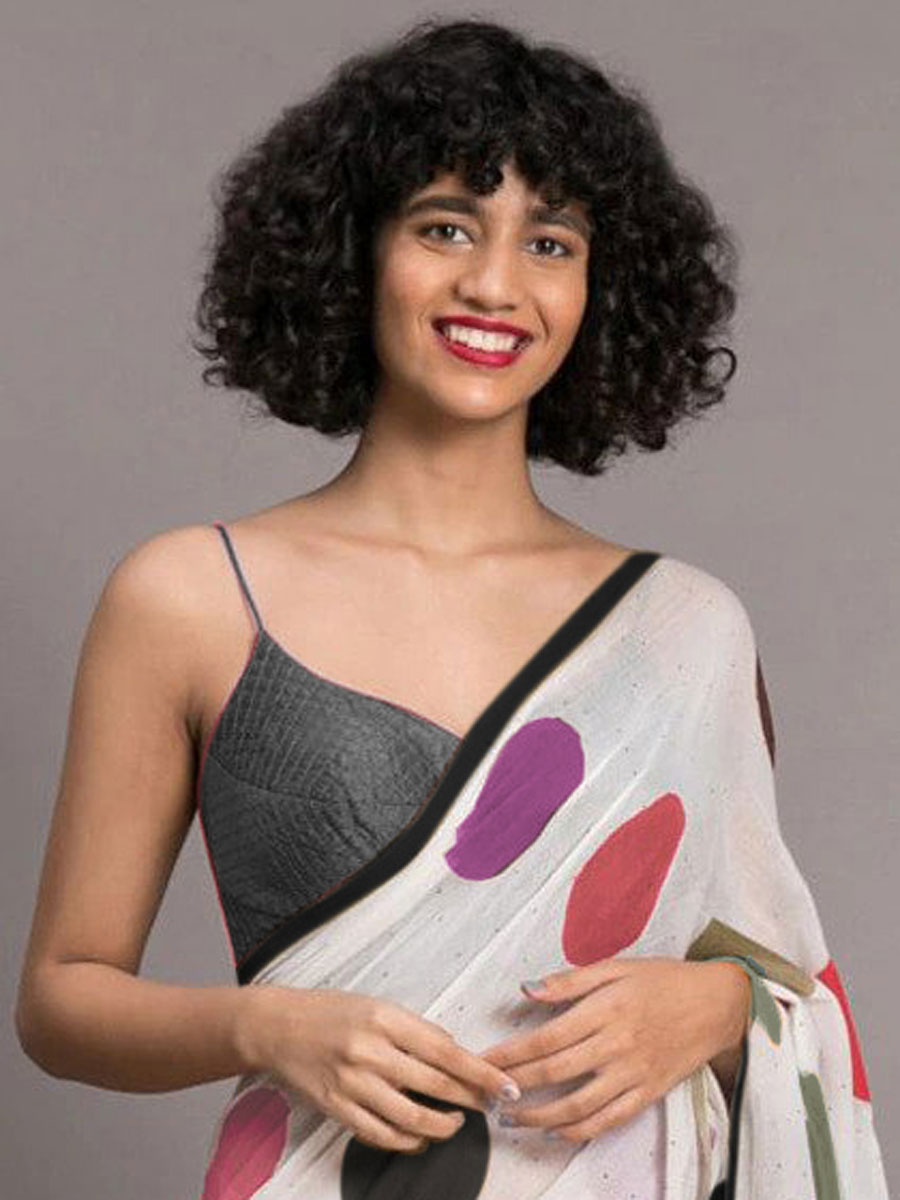 White Chenderi and Linen Casual Printed Saree