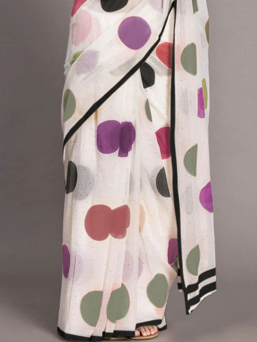 White Chenderi and Linen Casual Printed Saree