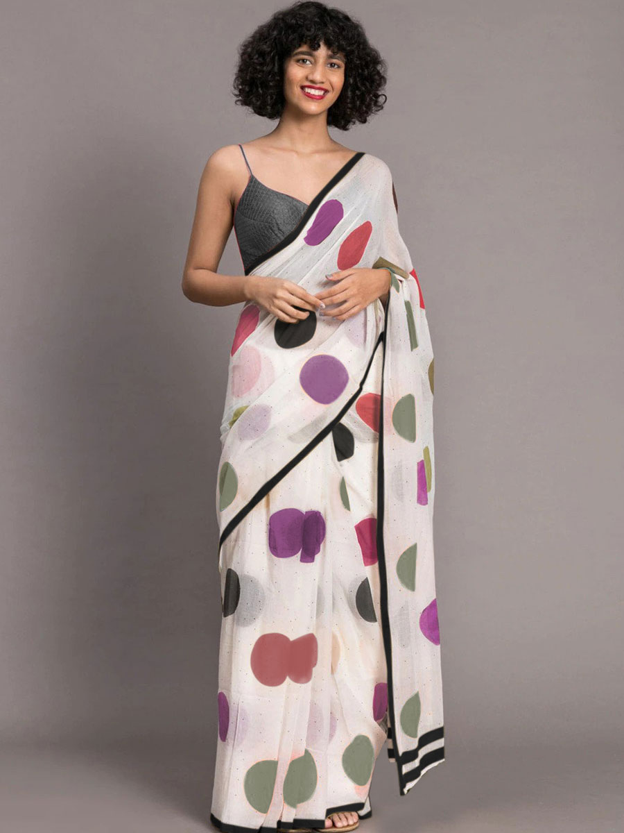 White Chenderi and Linen Casual Printed Saree