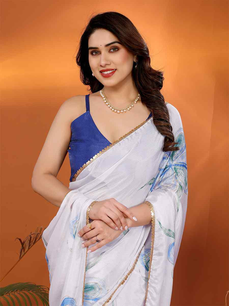 White Chiffon Chinon Printed Festival Wedding Fancy Heavy Border Saree