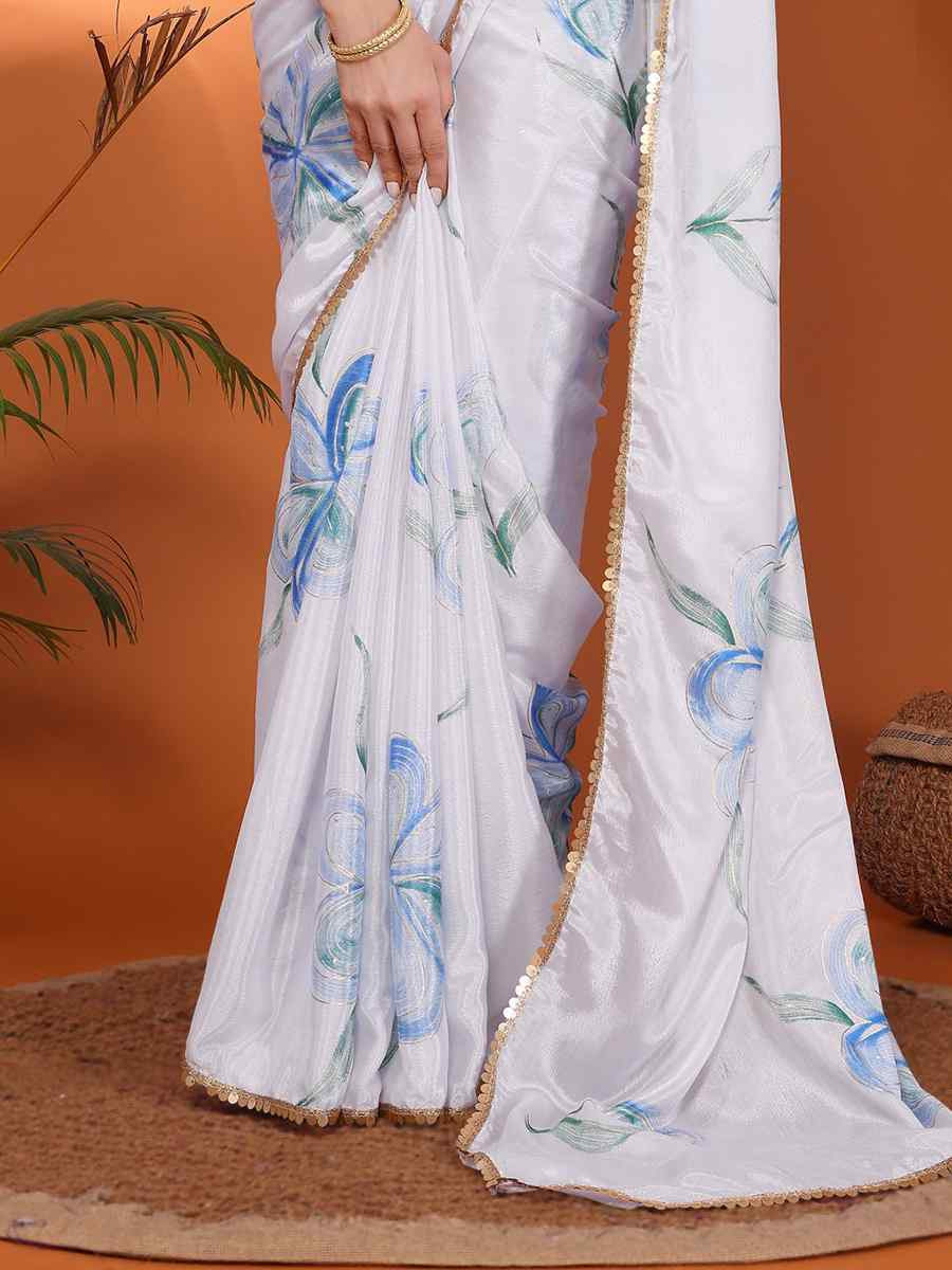 White Chiffon Chinon Printed Festival Wedding Fancy Heavy Border Saree