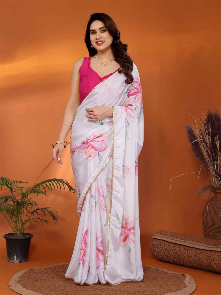 White Chiffon Chinon Printed Festival Wedding Fancy Heavy Border Saree