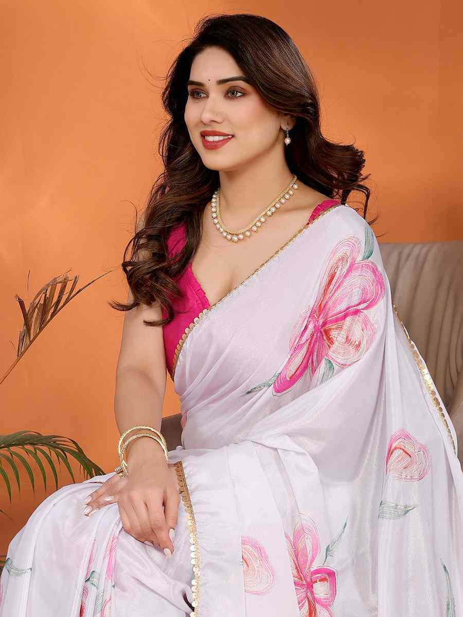 White Chiffon Chinon Printed Festival Wedding Fancy Heavy Border Saree