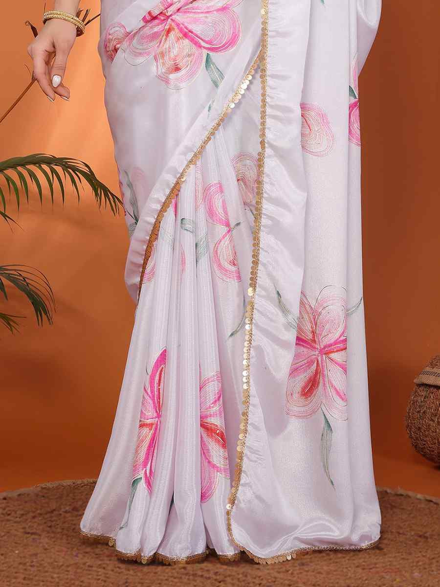 White Chiffon Chinon Printed Festival Wedding Fancy Heavy Border Saree