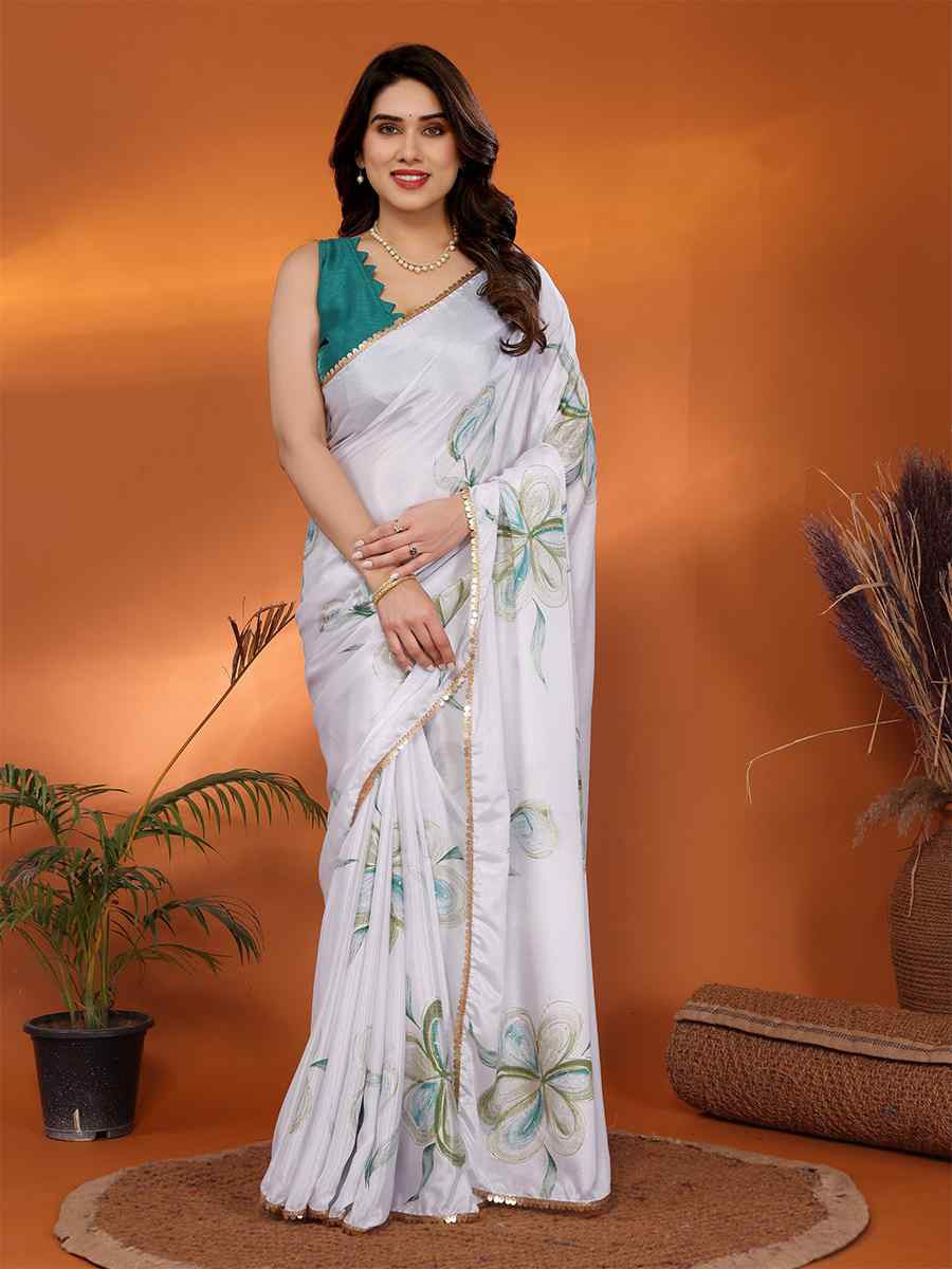 White Chiffon Chinon Printed Festival Wedding Fancy Heavy Border Saree