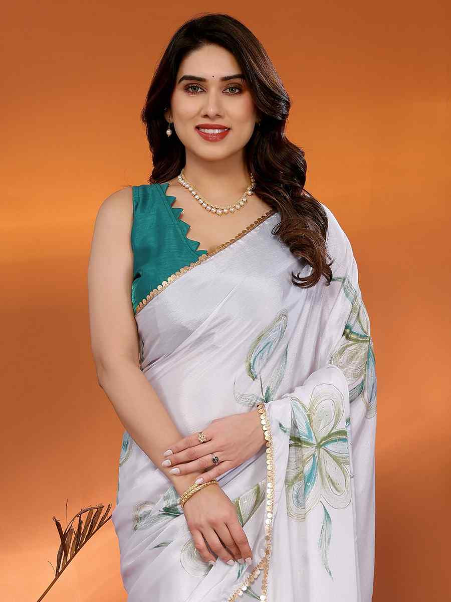 White Chiffon Chinon Printed Festival Wedding Fancy Heavy Border Saree