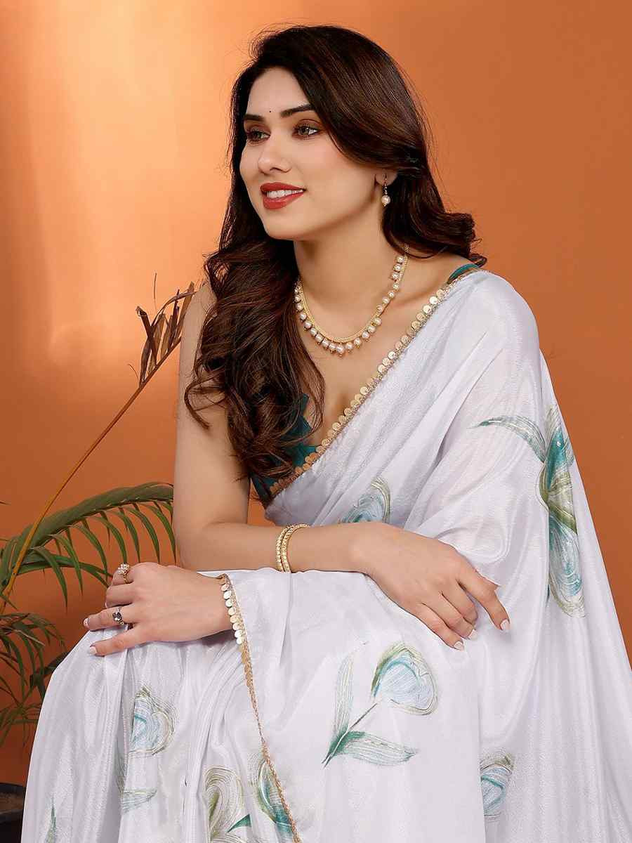 White Chiffon Chinon Printed Festival Wedding Fancy Heavy Border Saree