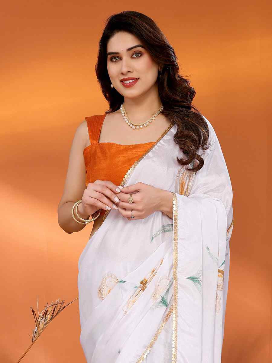 White Chiffon Chinon Printed Festival Wedding Fancy Heavy Border Saree