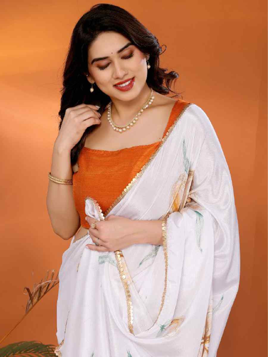 White Chiffon Chinon Printed Festival Wedding Fancy Heavy Border Saree