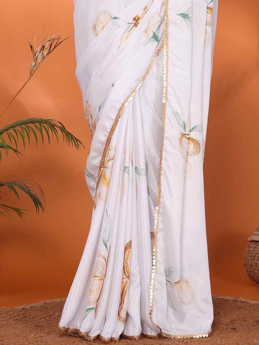 White Chiffon Chinon Printed Festival Wedding Fancy Heavy Border Saree