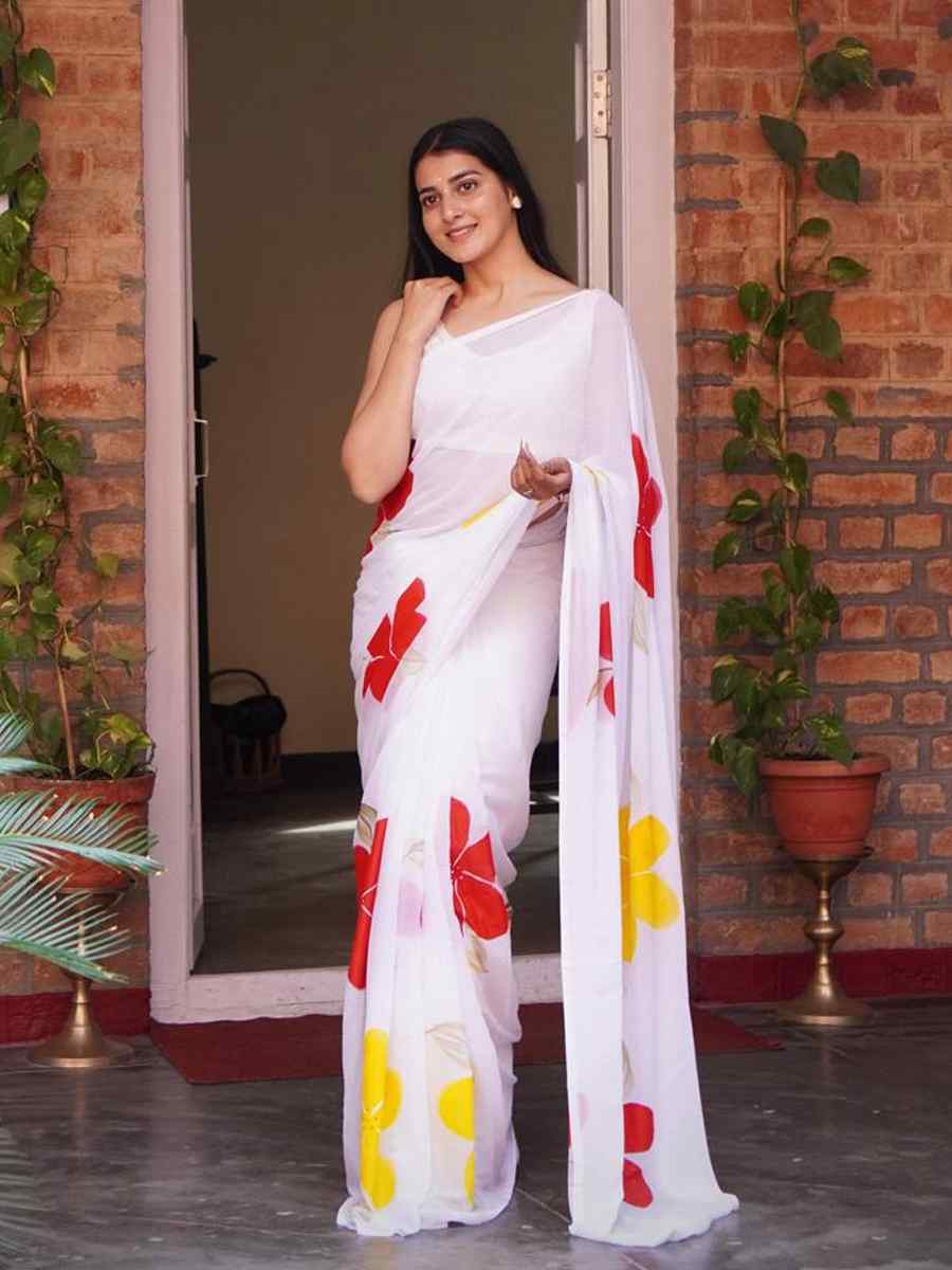 White Chiffon Embroidered Festival Wedding Fancy Heavy Border Saree