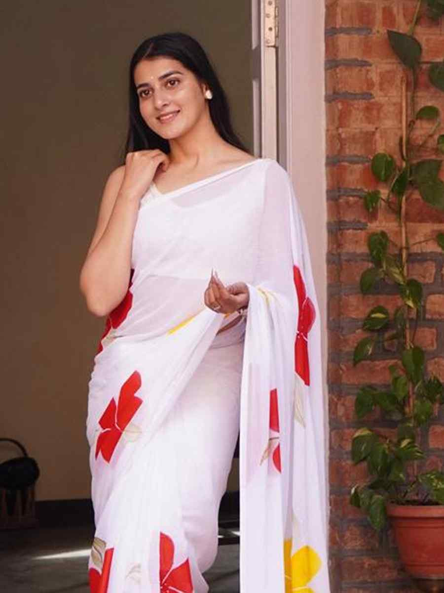 White Chiffon Embroidered Festival Wedding Fancy Heavy Border Saree