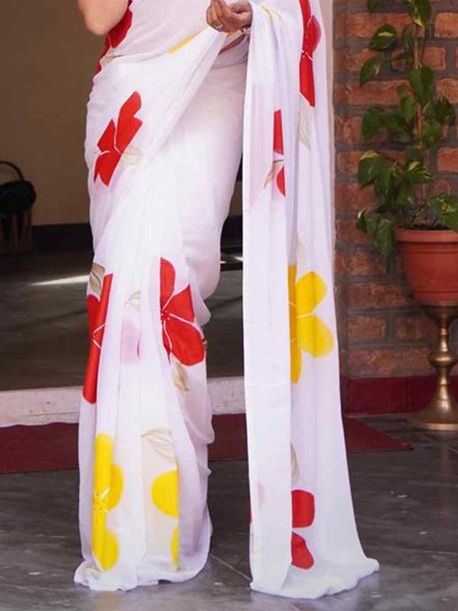White Chiffon Embroidered Festival Wedding Fancy Heavy Border Saree