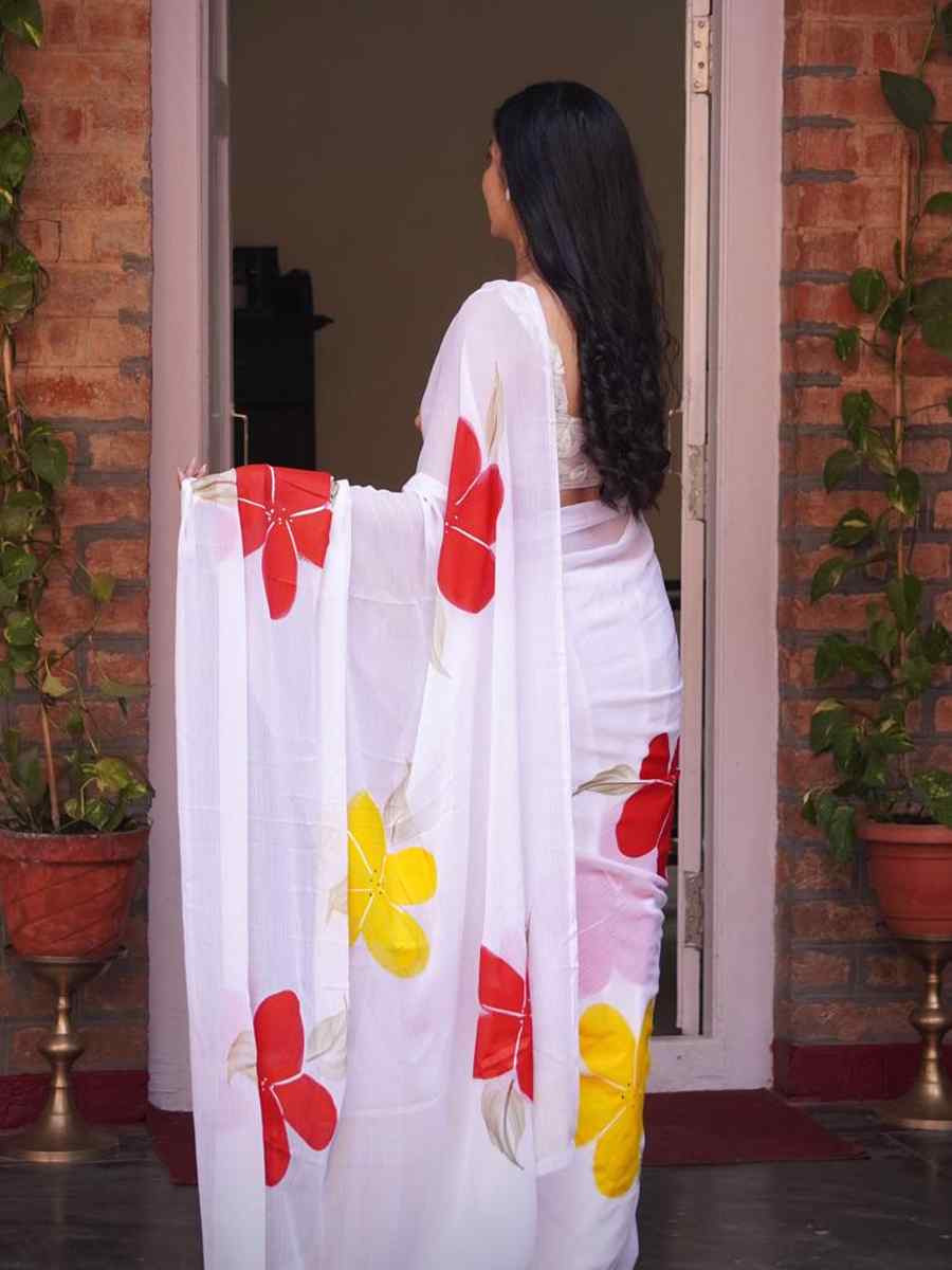 White Chiffon Embroidered Festival Wedding Fancy Heavy Border Saree