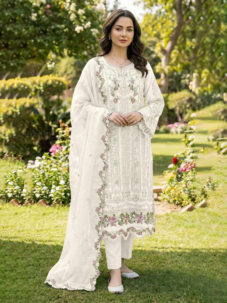 Image of White Chiffon Embroidery Sequins Zari Wedding Party Festival Casual Pant Salwar Kameez