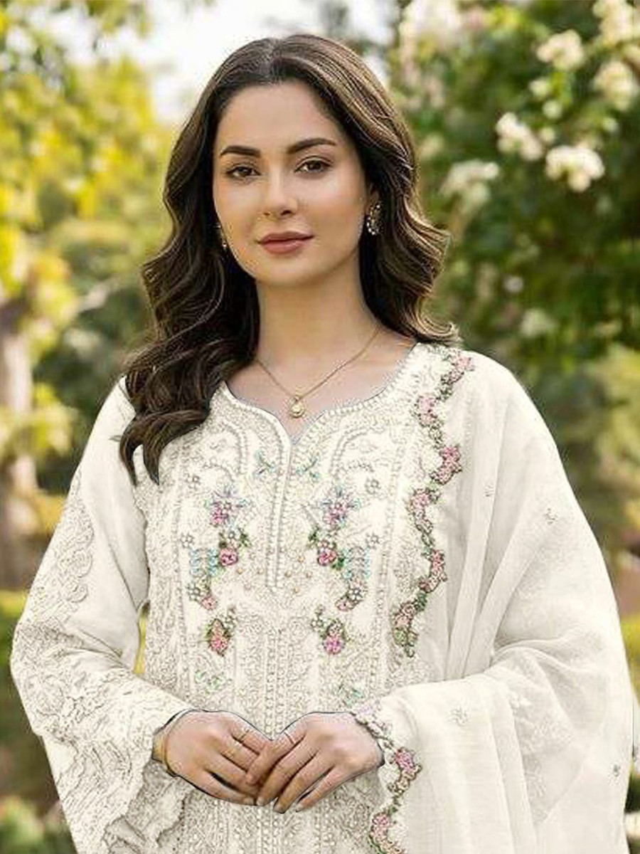 White Chiffon Embroidery Sequins Zari Wedding Party Festival Casual Pant Salwar Kameez