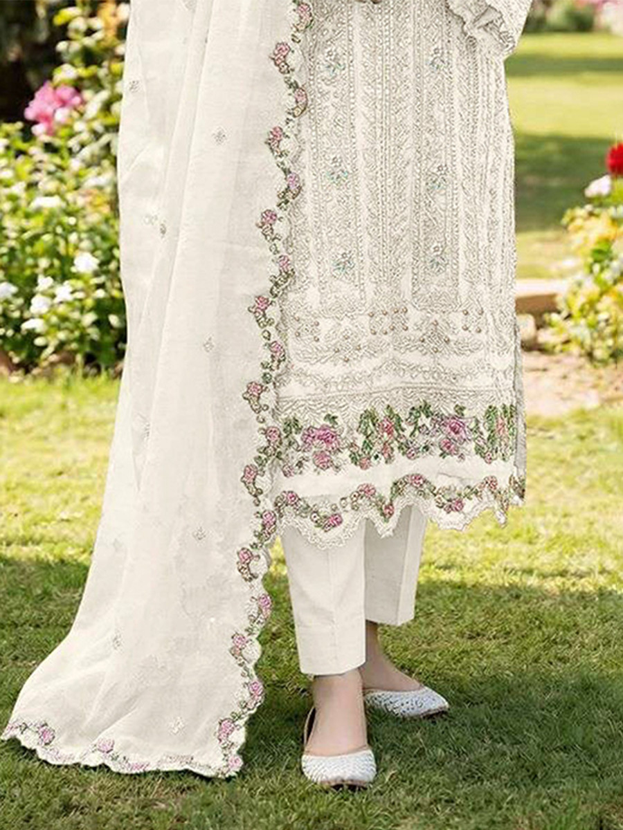 White Chiffon Embroidery Sequins Zari Wedding Party Festival Casual Pant Salwar Kameez
