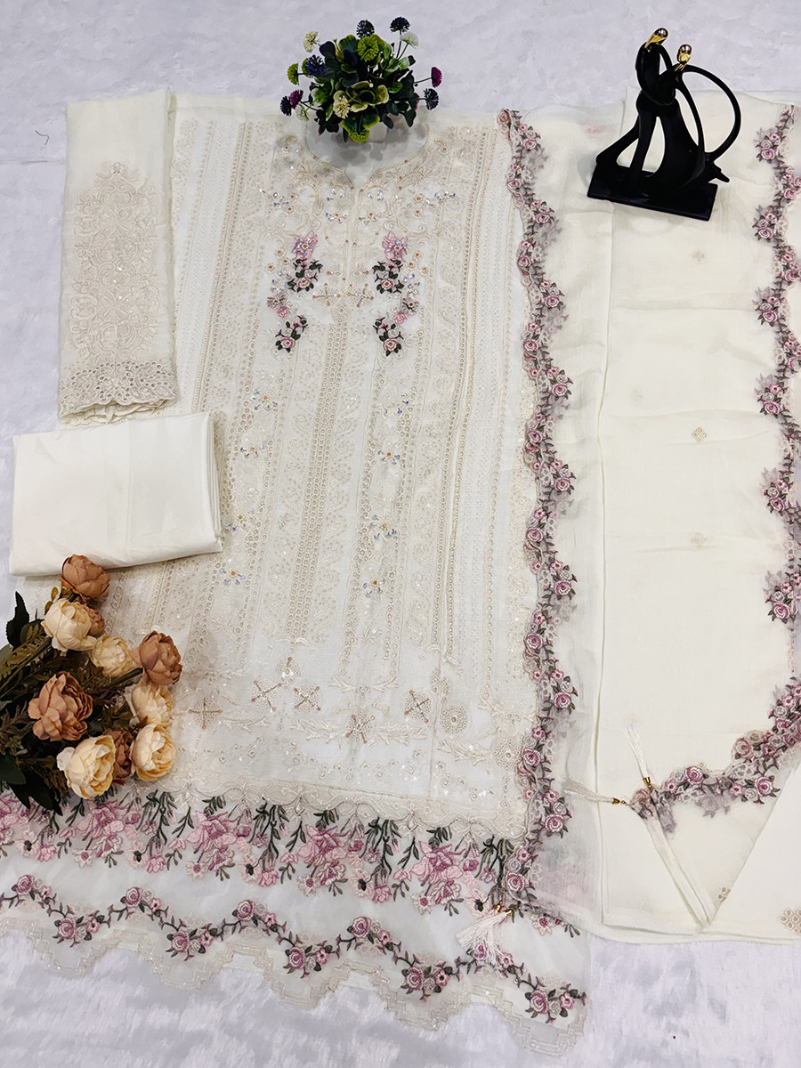 White Chiffon Embroidery Sequins Zari Wedding Party Festival Casual Pant Salwar Kameez