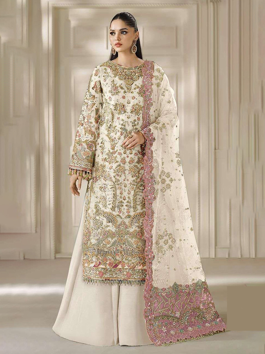 White Chiffon Embroidery Zari Sequins Wedding Party Festival Casual Palazzo Pant Salwar Kameez