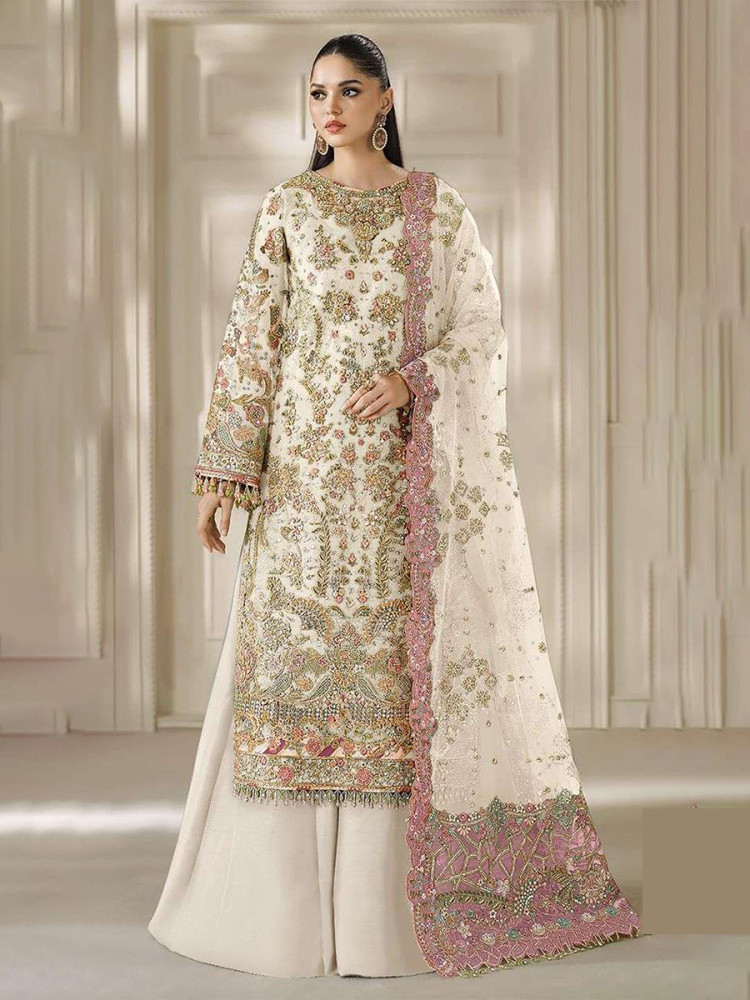 Image of White Chiffon Embroidery Zari Sequins Wedding Party Festival Casual Palazzo Pant Salwar Kameez