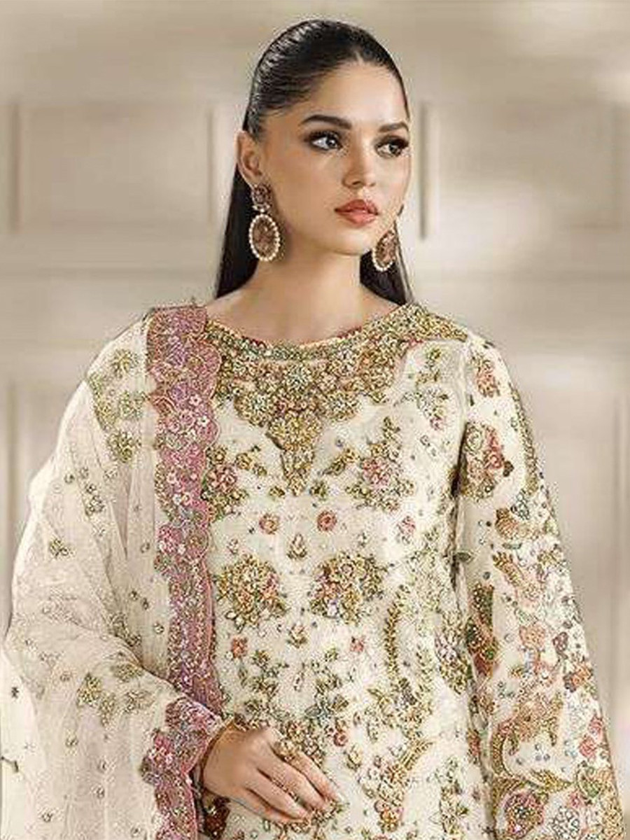 White Chiffon Embroidery Zari Sequins Wedding Party Festival Casual Palazzo Pant Salwar Kameez