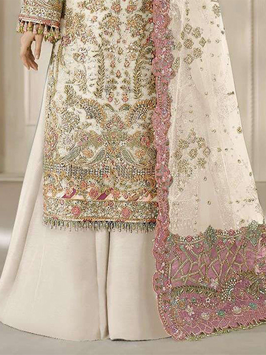 White Chiffon Embroidery Zari Sequins Wedding Party Festival Casual Palazzo Pant Salwar Kameez