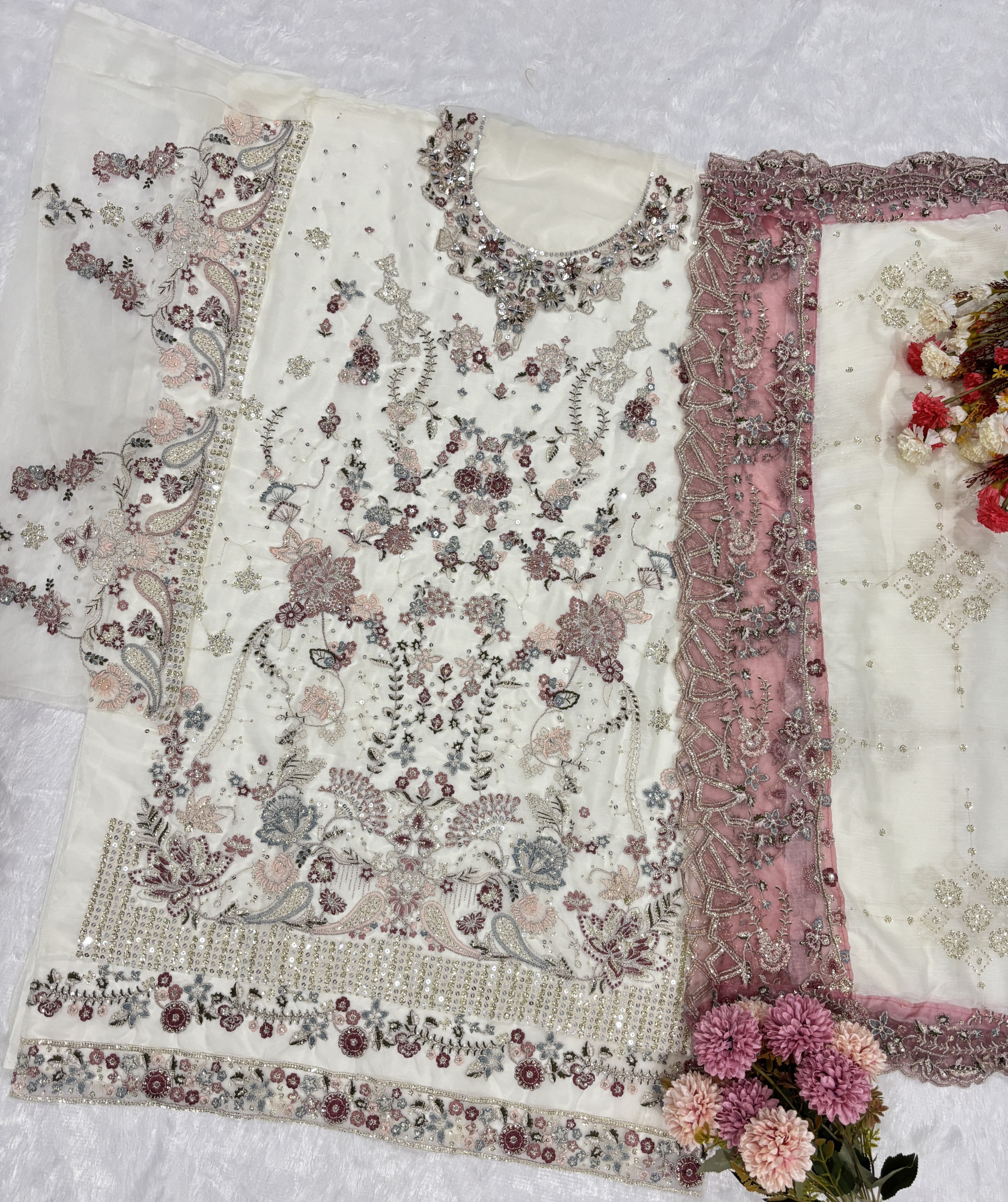 White Chiffon Embroidery Zari Sequins Wedding Party Festival Casual Palazzo Pant Salwar Kameez