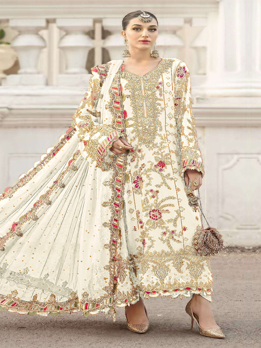 White Chiffon Embroidery Zari Sequins Wedding Party Festival Engagement Pant Salwar Kameez