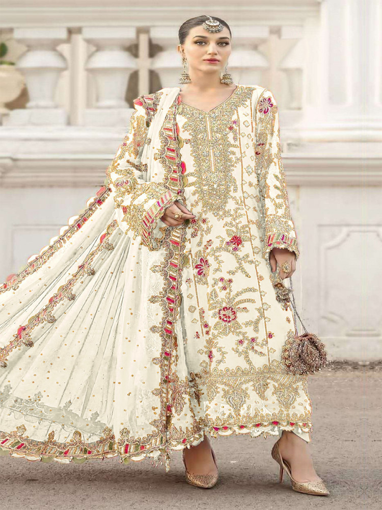 Image of White Chiffon Embroidery Zari Sequins Wedding Party Festival Engagement Pant Salwar Kameez