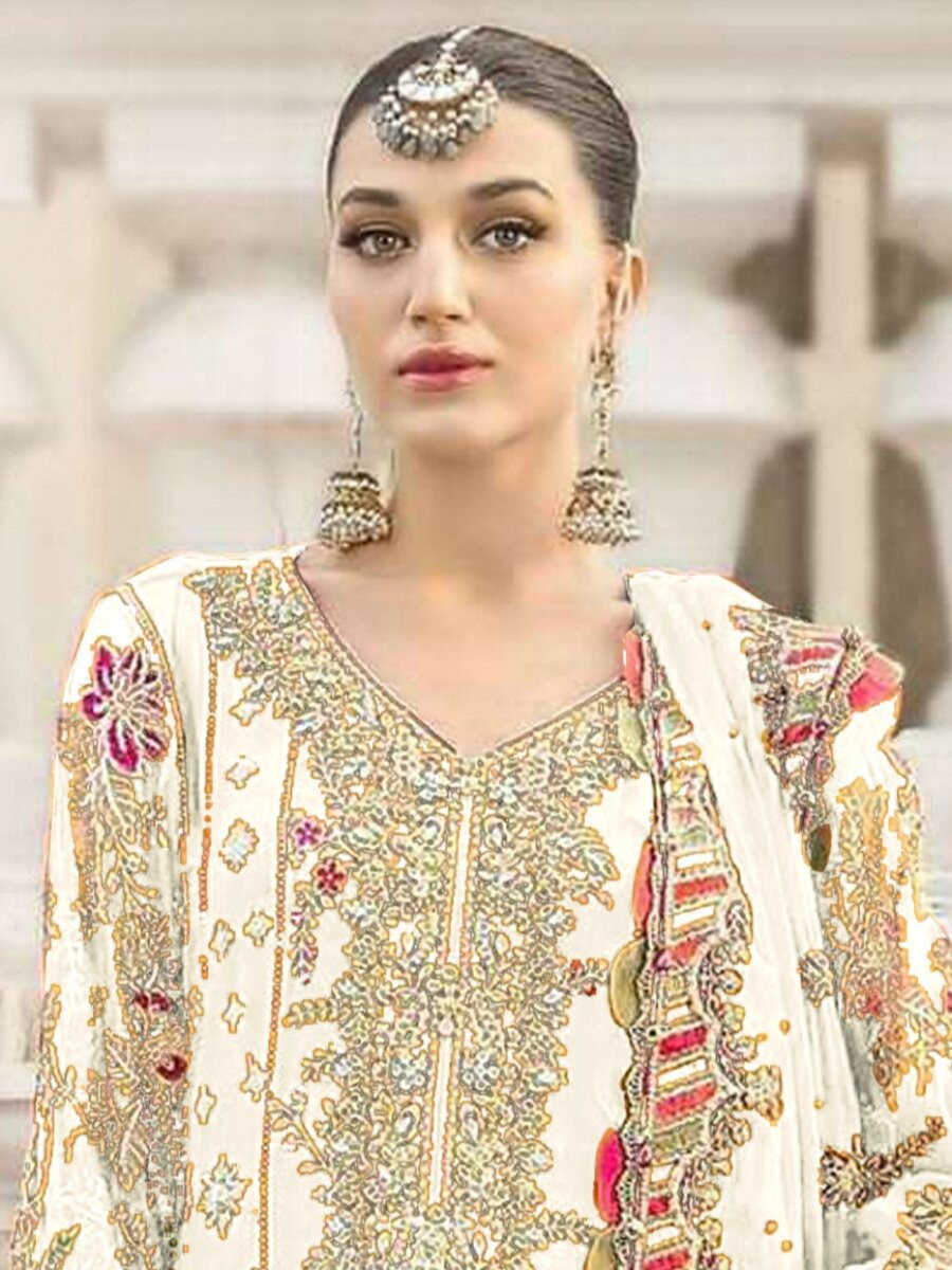 White Chiffon Embroidery Zari Sequins Wedding Party Festival Engagement Pant Salwar Kameez
