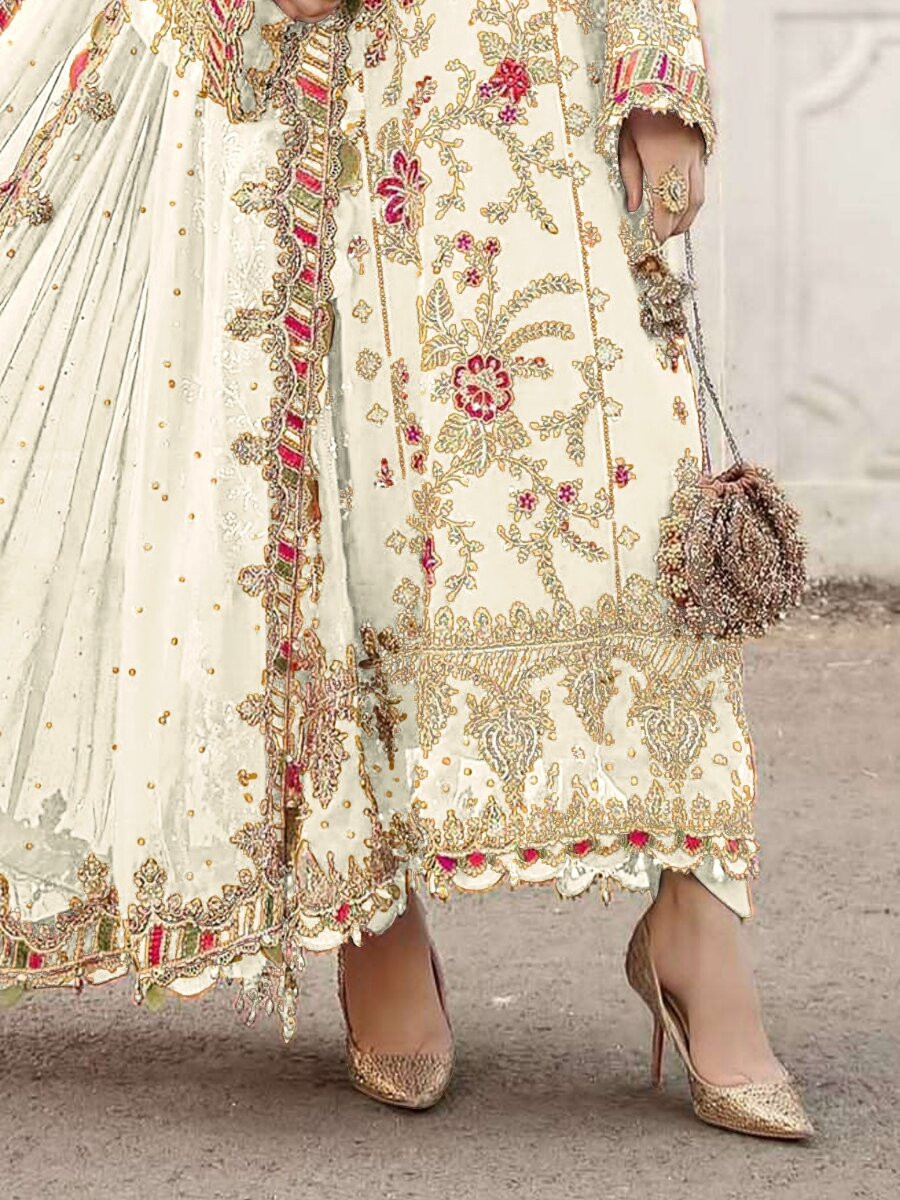 White Chiffon Embroidery Zari Sequins Wedding Party Festival Engagement Pant Salwar Kameez