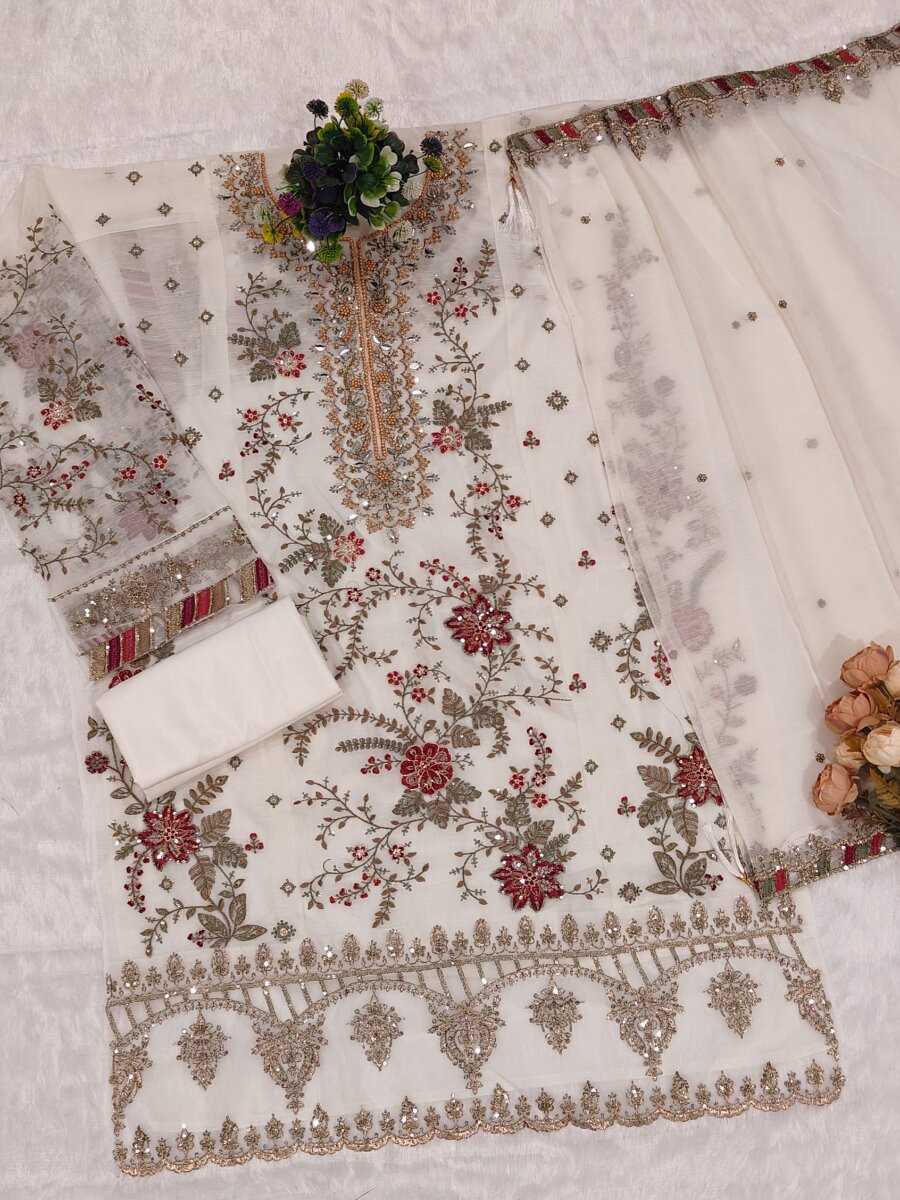 White Chiffon Embroidery Zari Sequins Wedding Party Festival Engagement Pant Salwar Kameez