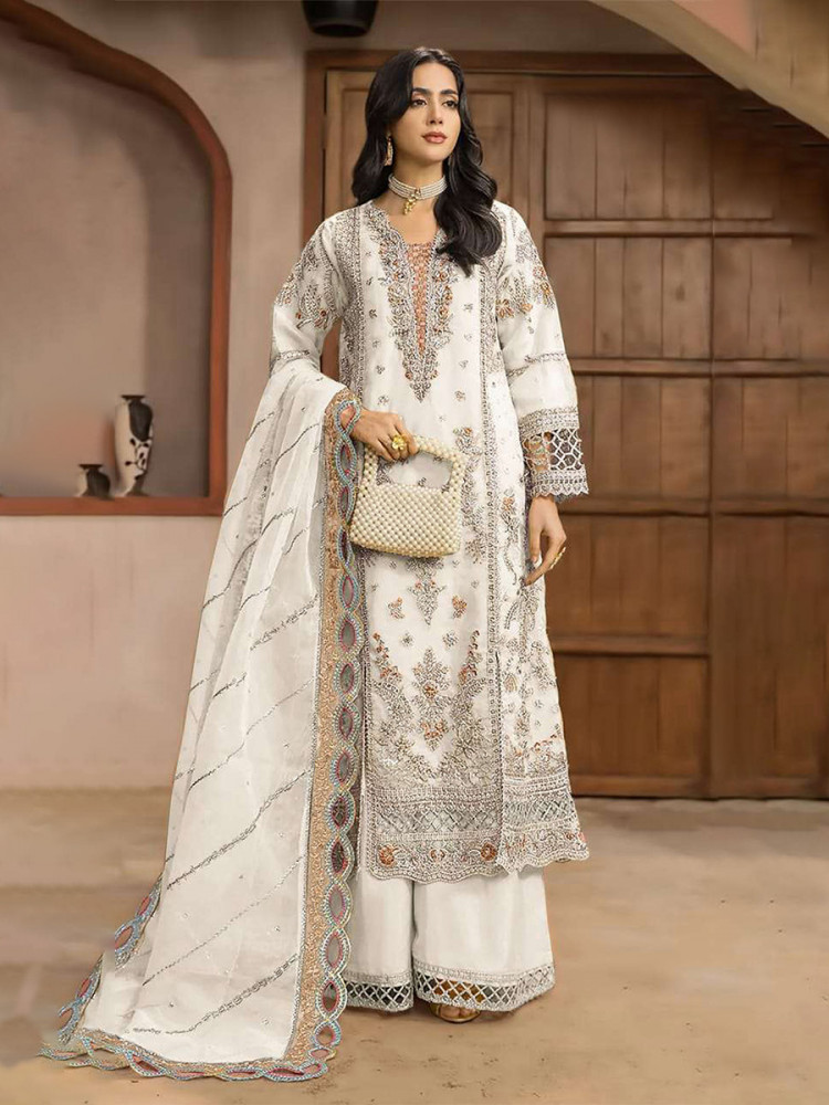 Image of White Chiffon Embroidery Zari Wedding Party Festival Casual Palazzo Pant Salwar Kameez