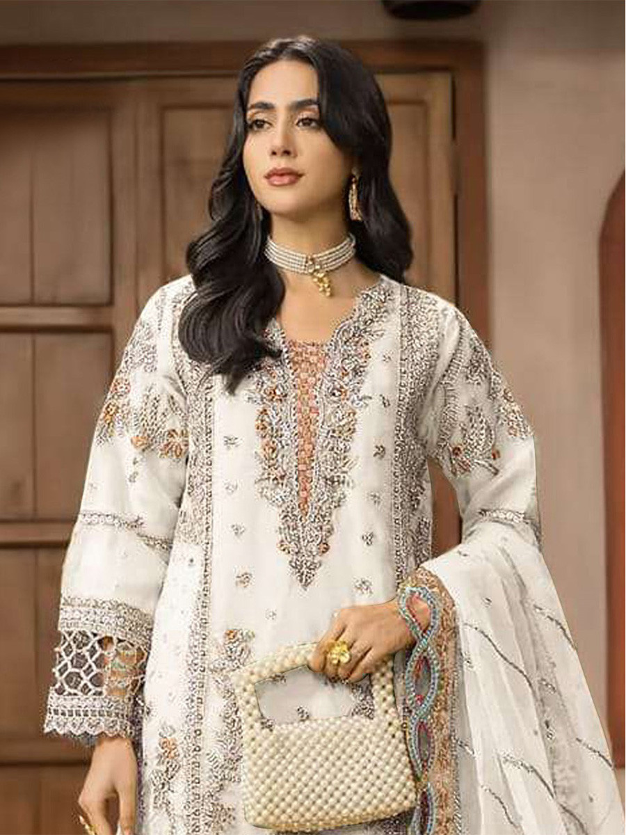 White Chiffon Embroidery Zari Wedding Party Festival Casual Palazzo Pant Salwar Kameez