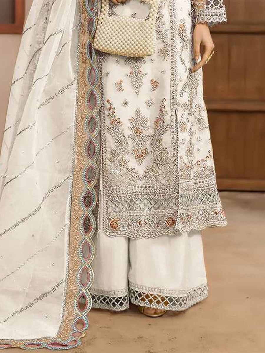 White Chiffon Embroidery Zari Wedding Party Festival Casual Palazzo Pant Salwar Kameez